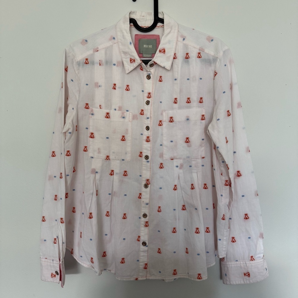 Maeve Casual White and Red Button Down Shirt with Geometric Design